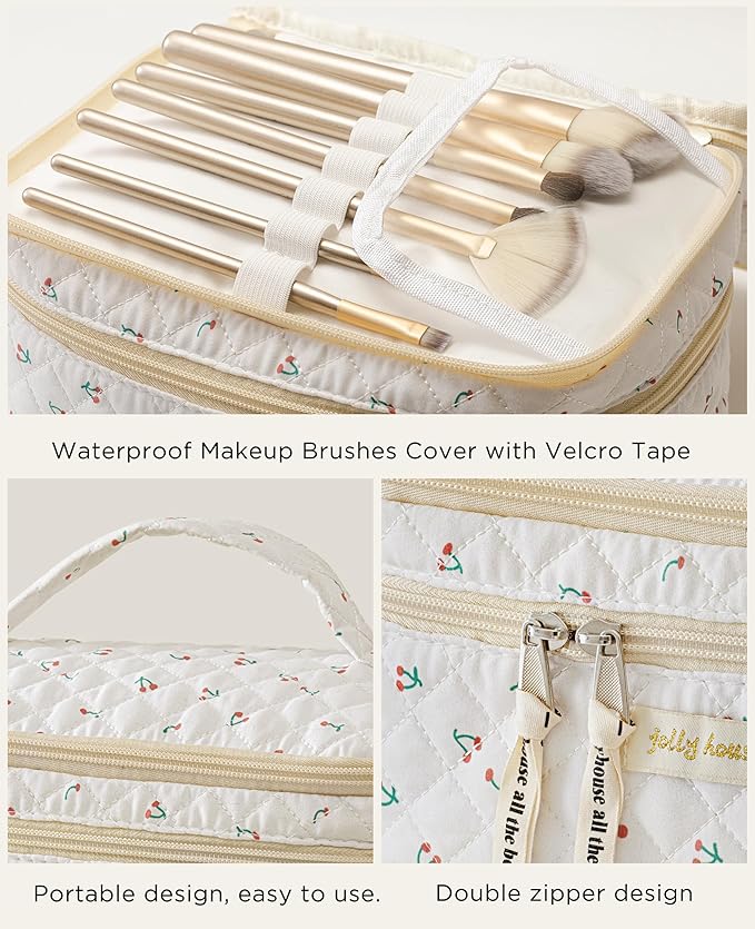 HBselect 2Pcs Travel Makeup Bag, Large Cotton Quilted Makeup Bag Cosmetic Bag Cute Make up Bag Toiletry Bags for Women Girls