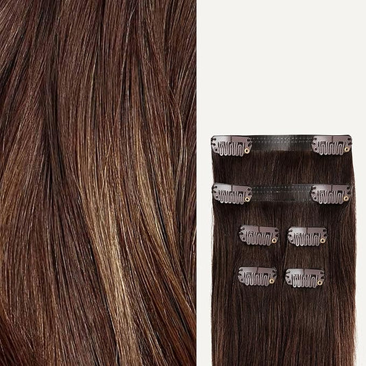 Luxy 100% Remy Human Hair Extensions for Thin Hair Thinning Hair Fill-Ins – 6 Seamless Wefts Multi-Dimensional Color Blend - Natural-Looking Volume & Coverage 80 grams 16" Chocolate Brown Balayage