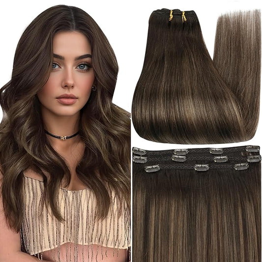Full Shine Dark Brown Hair Extensions Clip in Human Hair 3 Pcs 60 G 20 Inch Balayage Dark Brown Straight Invisible Thin Clip in Hair Extensions