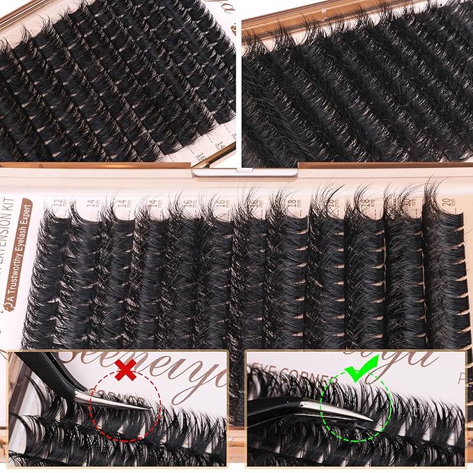 Geeneiya 200D Lash Clusters Kit Thick Lash Extension Kit 10-20mm Wispy Cluster Eyelash Extensions Individual Eyelashes Kit with Lash Bond and Seal DIY Lashes Applicator for Beginners