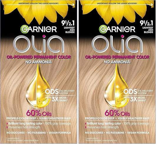 Garnier Hair Color Olia Ammonia-Free Brilliant Color Oil-Rich Permanent Hair Dye, 9 1/2.1 Lightest Ash Blonde, 1 Count (Packaging May Vary) (Pack of 2)