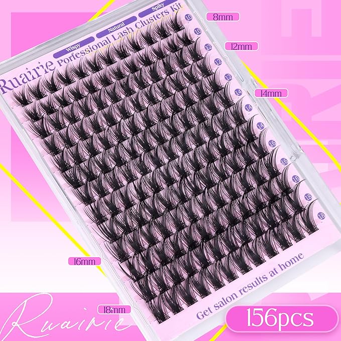 Ruairie Lash Clusters Kit Wispy Individual Lashes Extension Kit for Natural Volume Eyelash Clusters 156pcs 10-18mm DIY Cluster Eyelash Extension Kit with Bond and Seal Lash Glue, Tweezers
