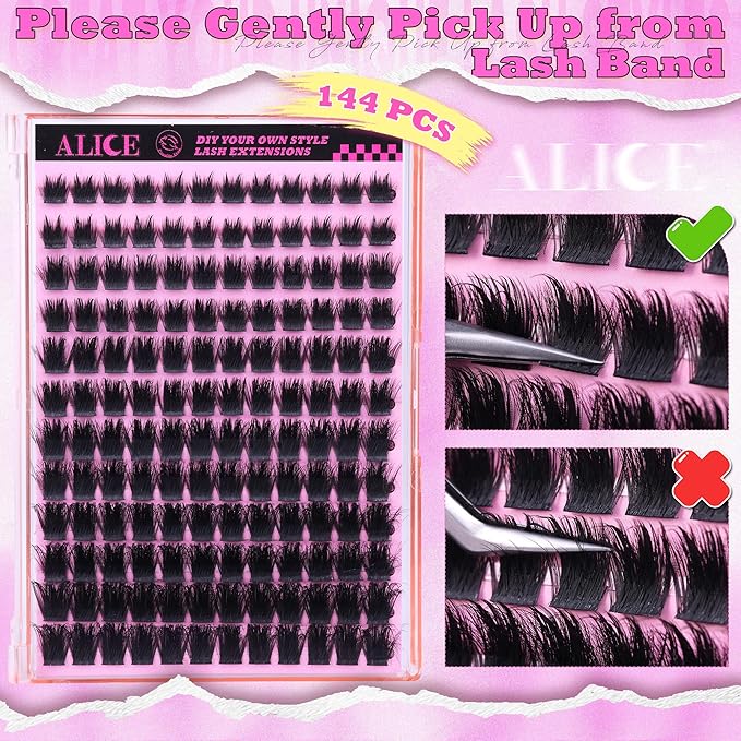 ALICE Lash Clusters Wispy Volume Eyelash Clusters with 2 Spikes Thick Fluffier Cluster Eyelash Extensions Individual LashesThin Band Lash Extensions DIY at Home (144pcs/12-22mm/CC- Curly)
