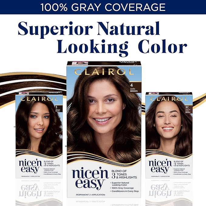 Clairol Nice 'n Easy Permanent Hair Color, 5C Medium Cool Brown, Pack of 3 Allergy Gentle Single-Step Hair Dye, Conditioners, Natural-Looking Color, Salon Highlights, Grey Coverage