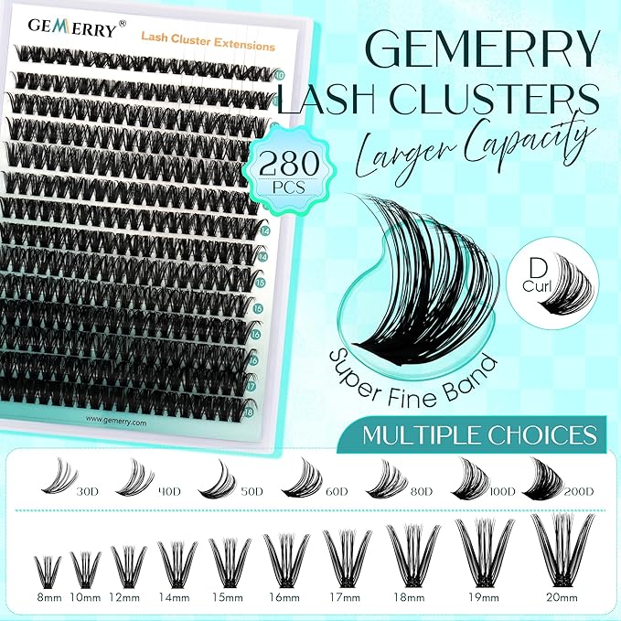 Lash Clusters GEMERRY 280pcs Clusters Lashes D Curl Soft&Natural Individual Lashes Cluster Eyelash Clusters DIY Lash Extensions at Home（50P-10-18mm)
