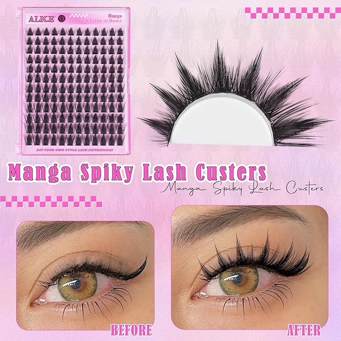 ALICE Manga Lash Clusters Wispy Cluster Eyelash Extensions with Spikes Anime Natural Eyelash Clusters Individual Lashes DIY at Home (144pcs/10-18mm/CD- Curly)
