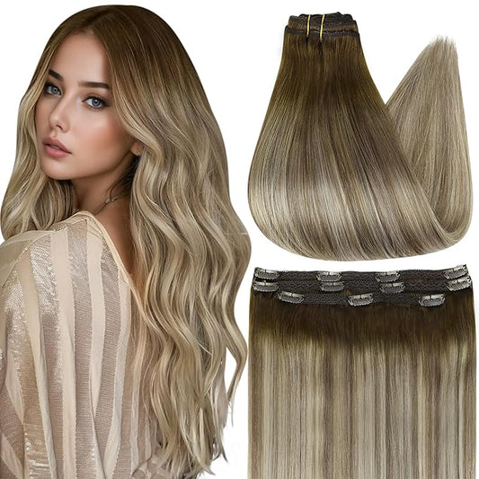 Full Shine Balayage Clip in Hair Extensions 60 G 3 Pcs Brown Ombre Ash Brown Mix Blonde Real Hair Extensions Clip in Human Hair Straight Remy Hairpiece for Women 20 Inch