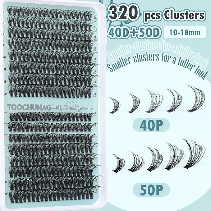 Individual Cluster Lashes 40D+50D 320 Clusters Lash Extension 10-18MIX False Eyelash Clusters Natural Fluffy Individual Eyelashes Extensions DIY at Home by TOOCHUNAG