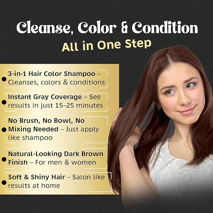 Herbishh Chestnut Brown Hair Color Shampoo - 3-In-1 Magic Dye for Gray Hair 500 Ml + Essential Flower Hair Oil - Organic Formula for Dry, Damaged Hair 60 ML