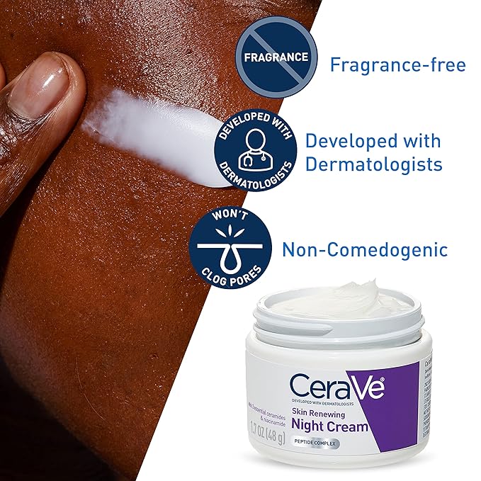 CeraVe Skin Renewing Night Cream, Niacinamide, Peptide Complex, and Hyaluronic Acid Moisturizer for Face, 1.7 Ounce, Packaging may Vary