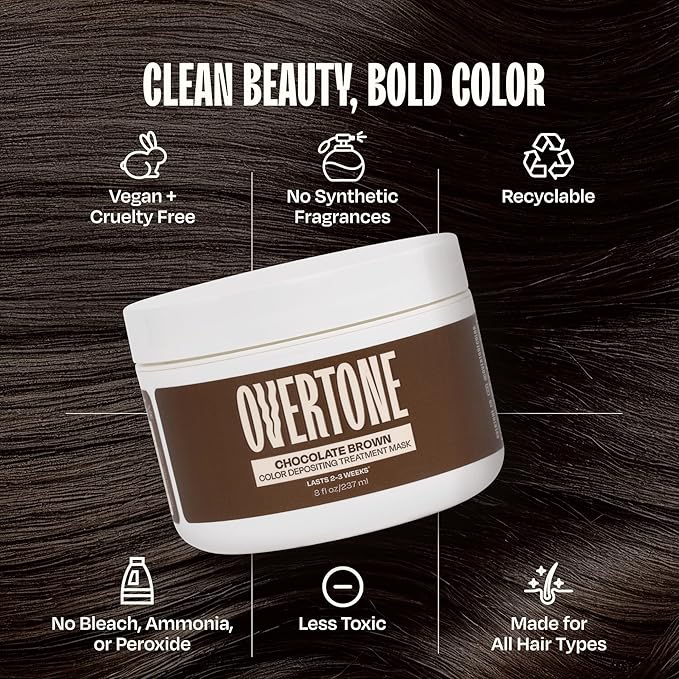 Overtone Semi Permanent Hair Color Conditioner, Chocolate Brown, 8 oz, Nourishing, Damage-Free, Color Depositing Mask for All Hair Types with Shea Butter & Coconut Oil, Vegan & Cruelty-Free