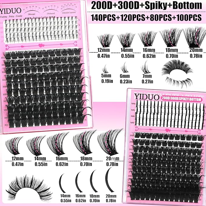 8 Styles Mix Lashes Clusters Kit 4 Box Cluster Lash Book Kit with Bond&Seal 1888Pcs 100D/200D/300D Volume Manga Eyelash Extension Gift Packs for Beginners Bulk Pack DIY at Home Easily