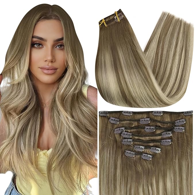 Full Shine Clip in Hair Extensions Ombre 20 Inch Chestnut Brown to Platinum Blonde Real Human Hair Extensions Clip ins Double Weft Clip in Extensions Remy Hair 7 Pcs 120 G