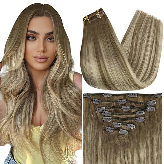 Full Shine 18 Inch Clip in Extensions Remy Human Hair Clip in Hair Extensions Chestnut Brown Balayage to Brown With Platinum Blonde Real Hair Clip ins Double Weft 7 Pcs 120 G