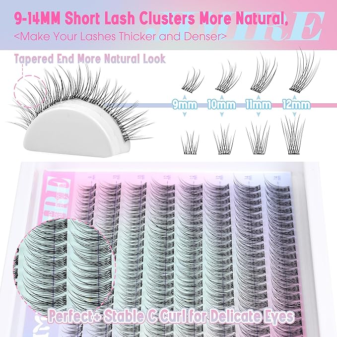 JIMIRE 160Pcs Self Adhesive Eyelashes Natural Look 9-14MM Wispy Pre Glued Lash Clusters No Glue Needed Press on Lashes Clusters Reusable Self Adhesive Eyelash Clusters Beginners Friendly
