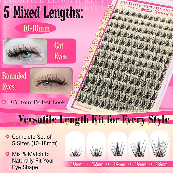 Wispy Lash Clusters Kit Natural Look Eyelash Cluster Eyelash Extensions Short Eye Lashes Natural Looking with Lash Brush DIY Lash Extension Kit Individual Lashes Kit For Beginners (No Glue)