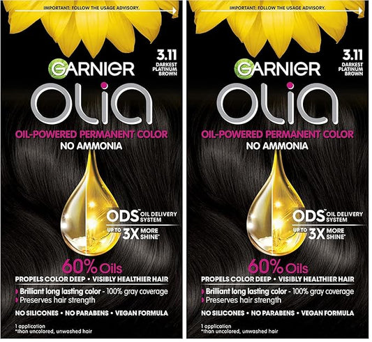 Garnier Hair Color Olia Ammonia-Free Brilliant Color Oil-Rich Permanent Hair Dye, 3.11 Darkest Platinum Brown, 1 Count (Packaging May Vary) (Pack of 2)
