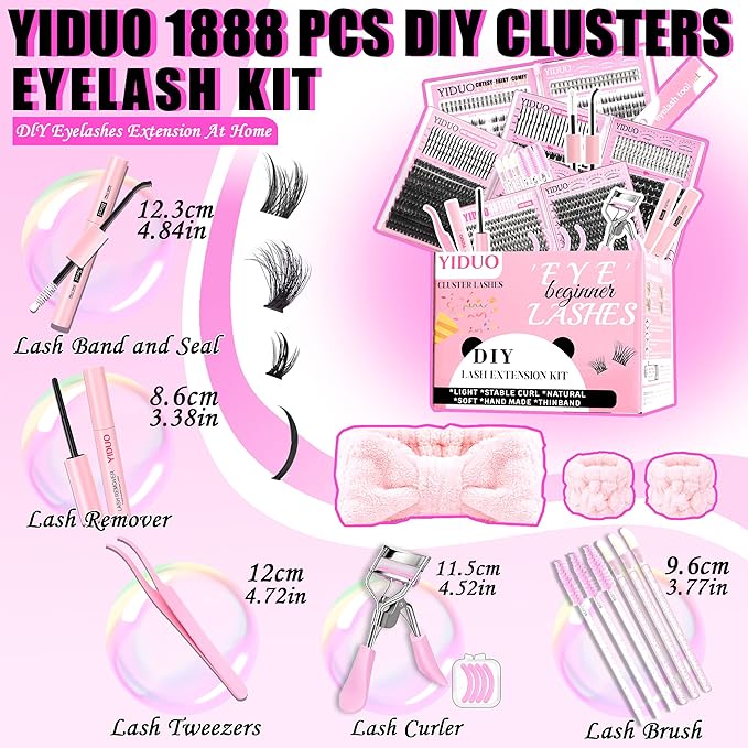 8 Styles Mix Lashes Clusters Kit 4 Box Cluster Lash Book Kit with Bond&Seal 1888Pcs 100D/200D/300D Volume Manga Eyelash Extension Gift Packs for Beginners Bulk Pack DIY at Home Easily