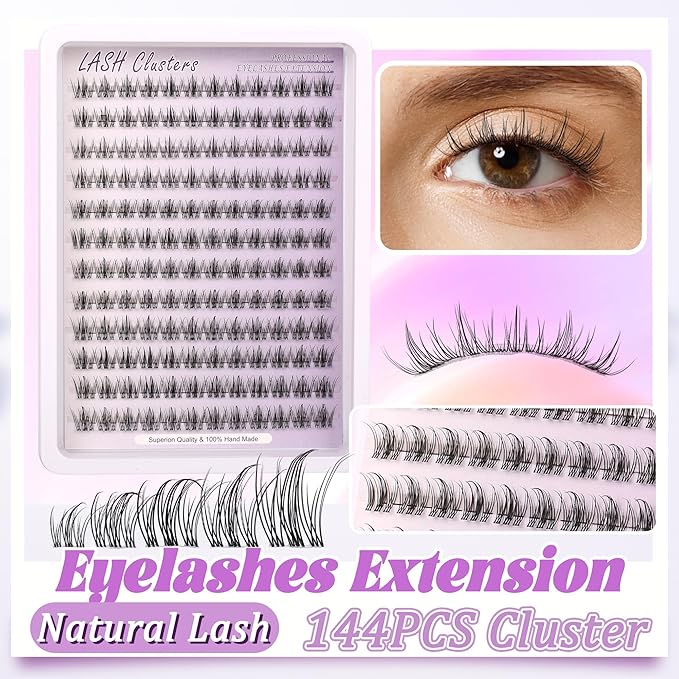 Natural Lash Clusters Kit Wispy Lash Invisible Clear Band Cluster Eyelash Extensions Kit 8-16mm Individual Lashes Extension D Curl Eyelash Clusters with Anime Clusters