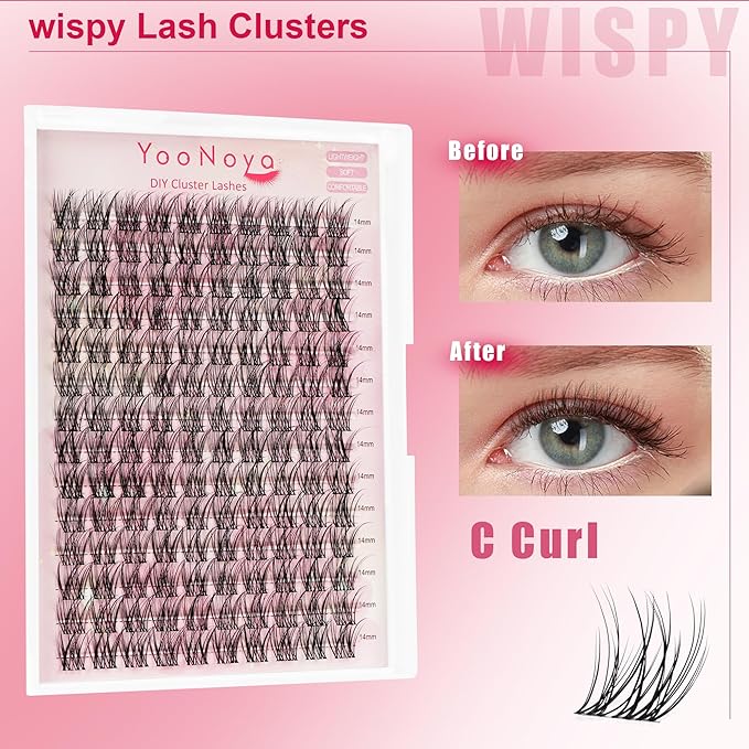 Wispy Lash Clusters 140 Pcs 14mm Mix Eyelash Clusters C Curl Cluster Eyelash Extensions Natural Wispy Cluster Lashes Reusable Individual Invisible Band Lash clusters (QX-14mm)