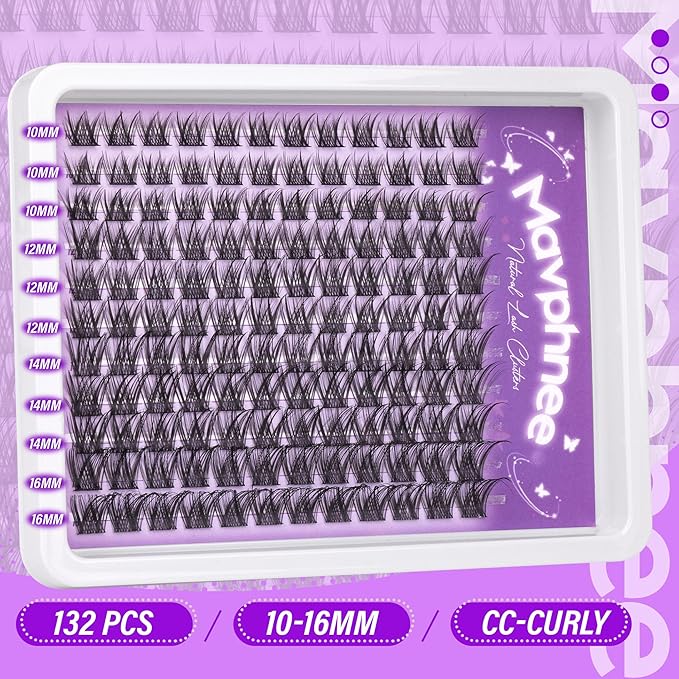 Wispy Lash Clusters Kit Natural Cluster Eyelash Extensions Kit DIY Lash Extensions Kit CC-Curly Clean Makeup 10-16MM Beginner-Friendly Lash Bond and Seal Kit 132Pcs