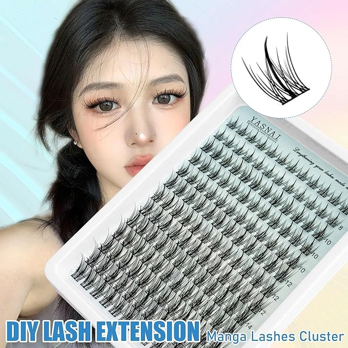 Lash Clusters Natural Look Wispy Manga C Curl Lash Extensions Fairy Eyelash Clusters 8-16MM 156pcs Eye Lashes Extension, Yasnai Individual Eyelash Clusters DIY at Home
