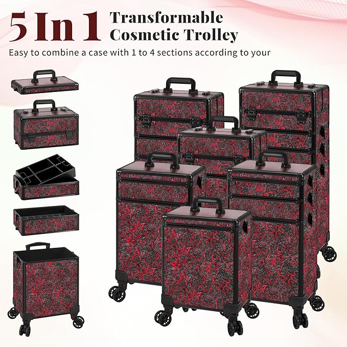 Profesional Rolling Makeup Train Case with Lid, 5 in 1 Cosmetology Case on Wheels, Large Cosmetic Trolley Organizer Travel for Hairstylist Artist Nail Beauty Salon Barber, Red