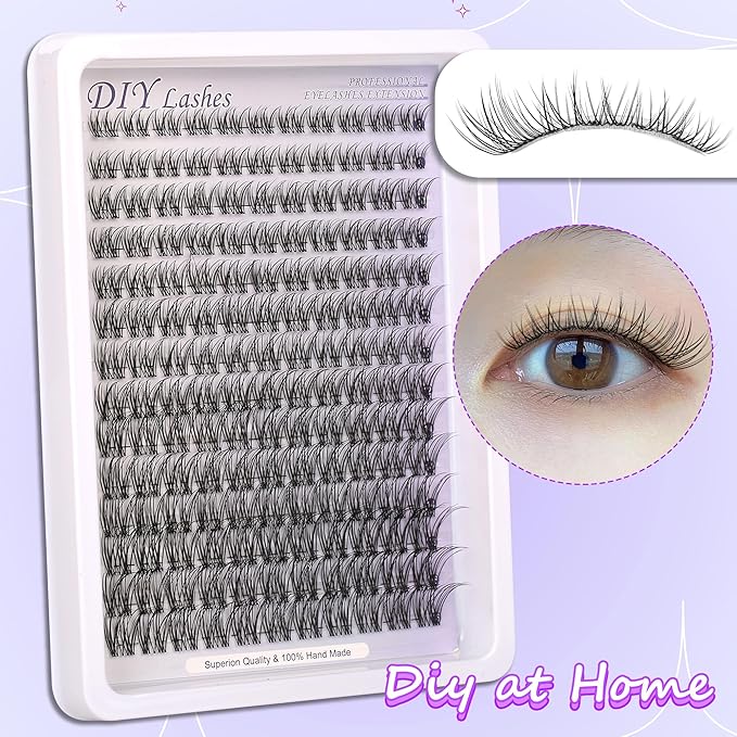Lash Clusters Kit Invisible Band Eyelash Clusters C-Curly 8-16mm Lash Extension Kit Natural Wispy Lashes 154pcs Clusters Eyelash Extension Kit with Thin Band Lash Cluster Clear Lash