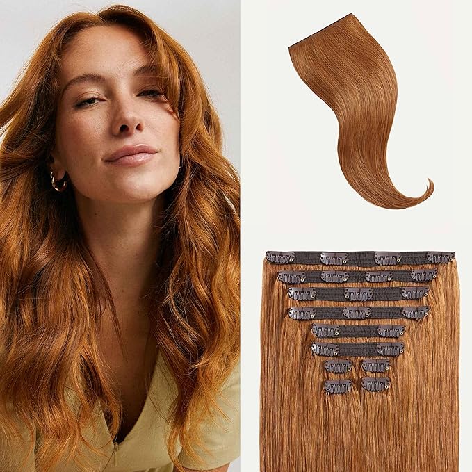Luxy 100% Remy Human Hair, Classic 160g Clip-In Hair Extensions - 10 Wefts Multi-Dimensional Color for Natural Blending, Adds Volume & Length, Easy Apply & Remove 16" Natural Red Classic