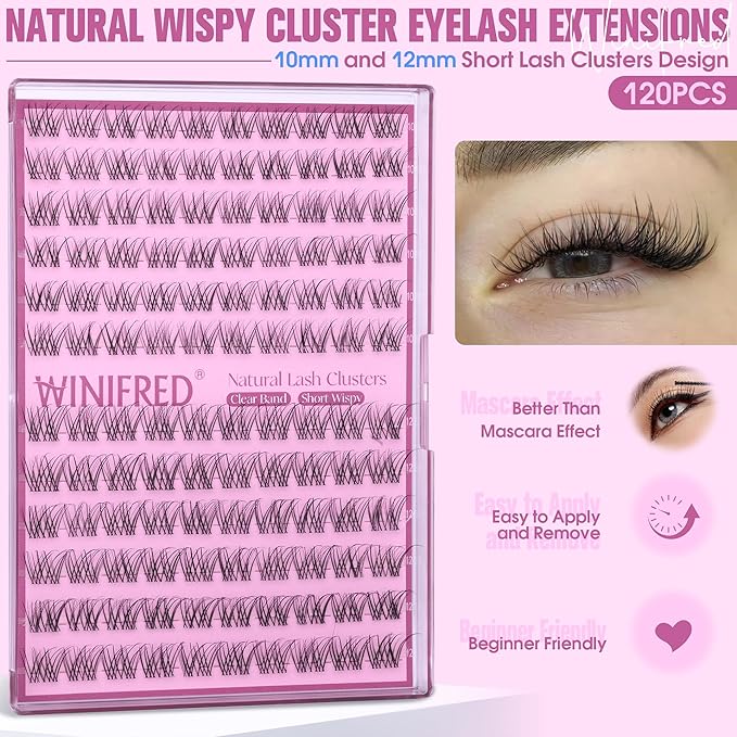 Winifred Natural Lash Clusters Wispy Eyelash Clusters 10-12mm Lashes Clusters C Curly Cluster Eyelash Extensions Clear Band Short Individual Lashes Natural Look Lash Extension