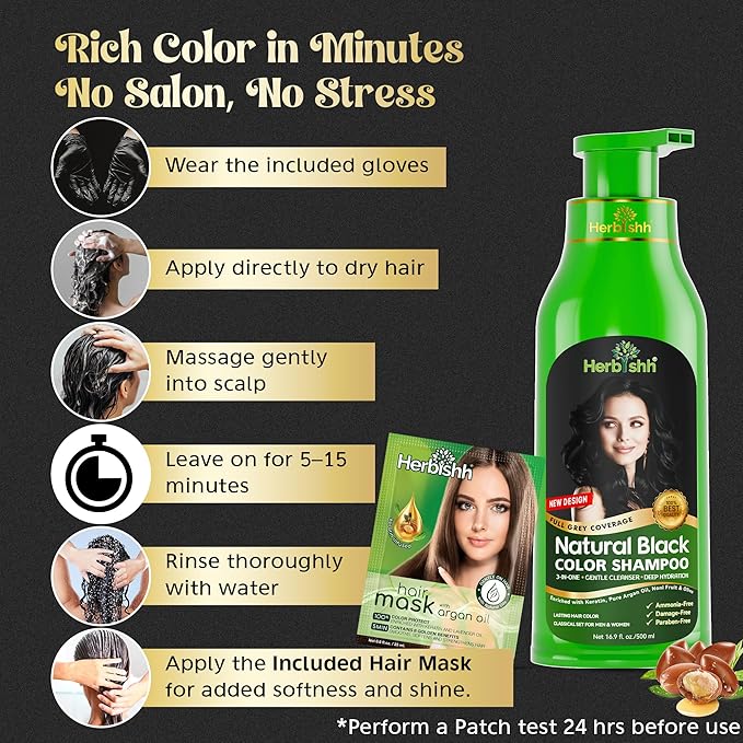 Herbishh Black Hair Color Shampoo - 3-In-1 Magic Dye for Gray Hair 500 Ml + Argan Oil for Dull, Dry Damaged Hair 30ML