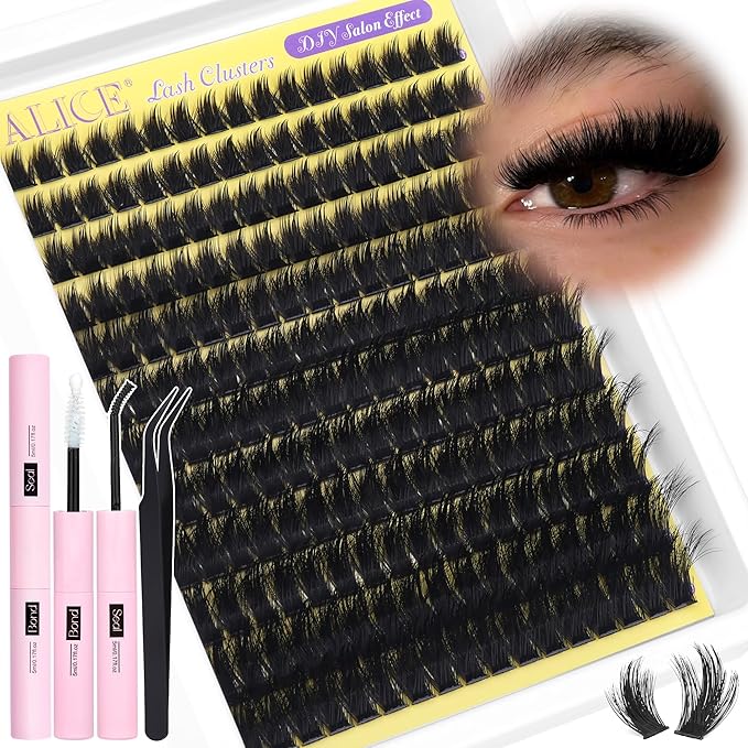 ALICE Fluffier Volume Lash Clusters Kit - Wispy Eyelash Clusters Kit 204pcs Thick 100D Spiky Russian D-Curly Anime Eyelash Extension Kit - Individual Lashes Kit with Lash Glue for DIY at Home