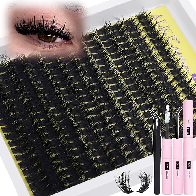 ALICE Wispy Lash Clusters Kit 100D Thick Volume Eyelash Clusters Kit Manga Eyelash Extension Kit Russian D-Curly Individual Lashes Kit with Lash Glue, 228pcs Spiky Lash Extensions, Tweezers