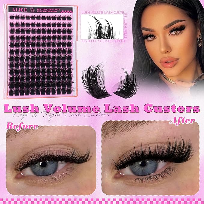 ALICE Lash Clusters Wispy Volume Eyelash Clusters with 2 Spikes Thick Fluffier Cluster Eyelash Extensions Individual LashesThin Band Lash Extensions DIY at Home (144pcs/12-22mm/CC- Curly)