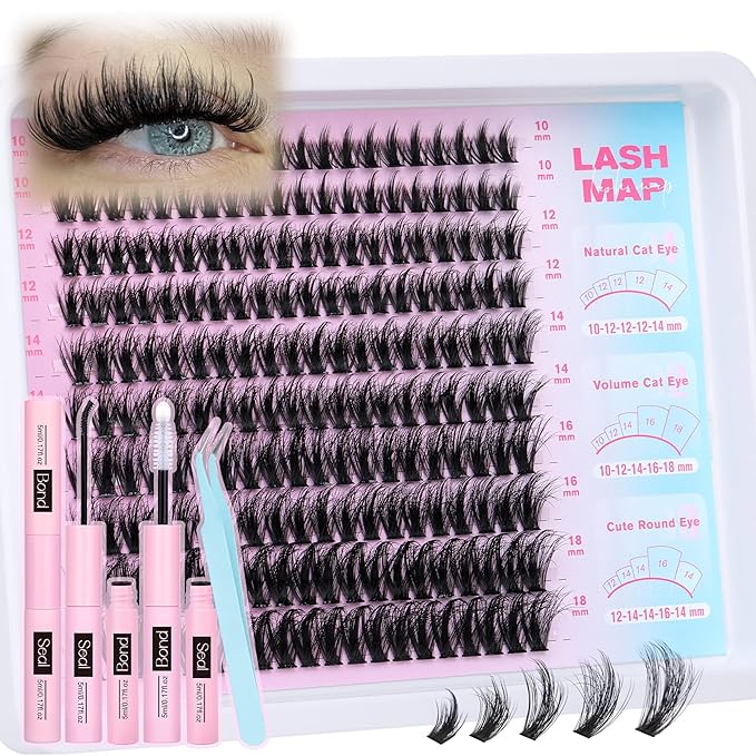 TOOCHUNAG Lash Extension Kit Spiky Fluff Lash Clusters 10-18mm DIY Cluster Eyelash Extensions Kit 200pcs Wispy Soft Individual Lashes Clusters,Lash Bond and Seal &Tweezers