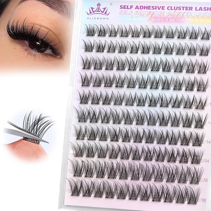 Self Adhesive Eyelashes No Glue Self Adhesive Lash Clusters Pre Glued Eyelashes Clusters Natural Wispy Glueless Eyelash Extensions Reusable DIY Lash Extensions (110Pcs, 10mm-16mm)
