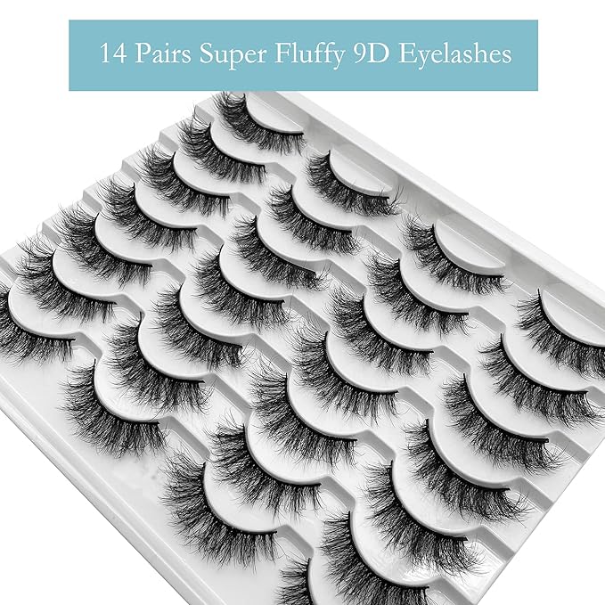 False Eyelashes Fluffy Faux Mink Lashes, Yasnai Natural Eyelashes，14 Pairs Pack 9D Wispy Cat Eye Fake Lashes