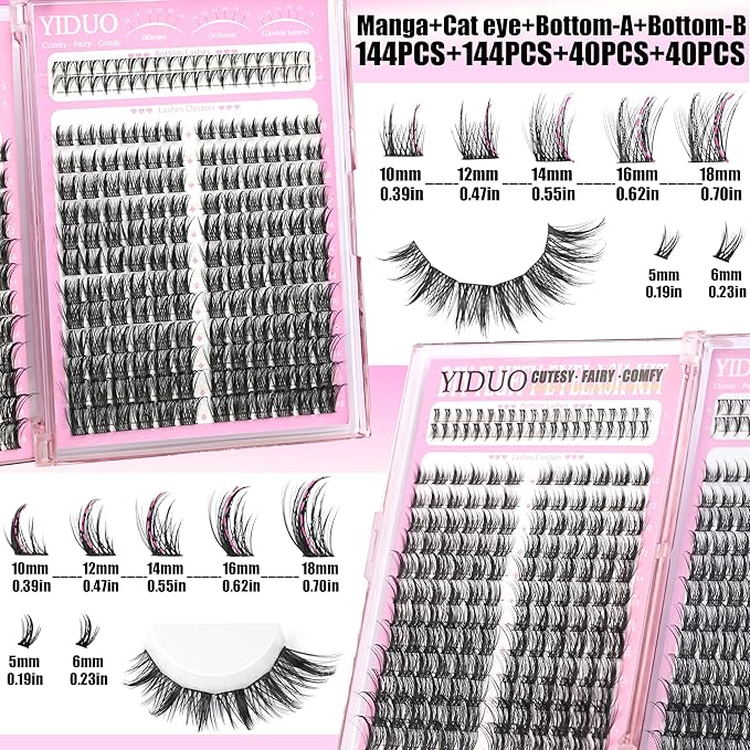 8 Styles Mix Lashes Clusters Kit 4 Box Cluster Lash Book Kit with Bond&Seal 1888Pcs 100D/200D/300D Volume Manga Eyelash Extension Gift Packs for Beginners Bulk Pack DIY at Home Easily