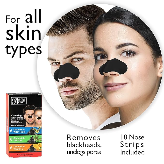 Global Beauty Care 18 Nose Cleansing Strips VARIETY PACK Charcoal with Tea Tree, Witch Hazel, & Vitamin C For Blackheads Removal Strips - 18 Ct