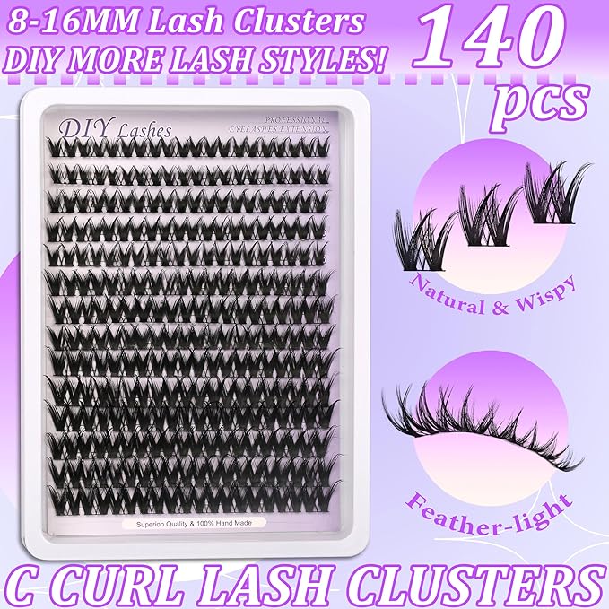 Lash Clusters Flora D Curl Lash DIY Volume Eyelash Extensions Kit Cat Eye Lashes Individual Lashes Ultra-Thin (0.05-0.07mm) Black Band 8-16MM Wispy Cat Eye Lashes for Self Application
