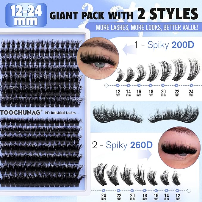 Lash Clusters 200D+260D Thick Eyelash Clusters 24mm Long Cluster Eyelash Extensions Spiky Wispy Lash Extension D Curly Cluster Lashes 224pcs DIY Individual Eyelashes by TOOCHUNAG