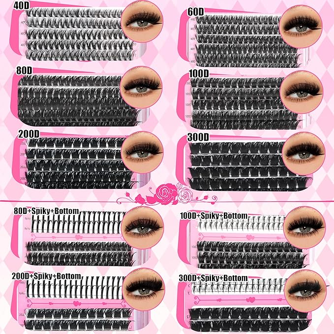 6 Styles Mix Lashes Clusters Kit 3 Box Cluster Lash Book Kit with 2X Bond&Seal 1520Pcs 100D/200D/300D Volume Individual Eyelash Extension Gift Packs for Beginners Bulk Pack. DIY at Home Easily