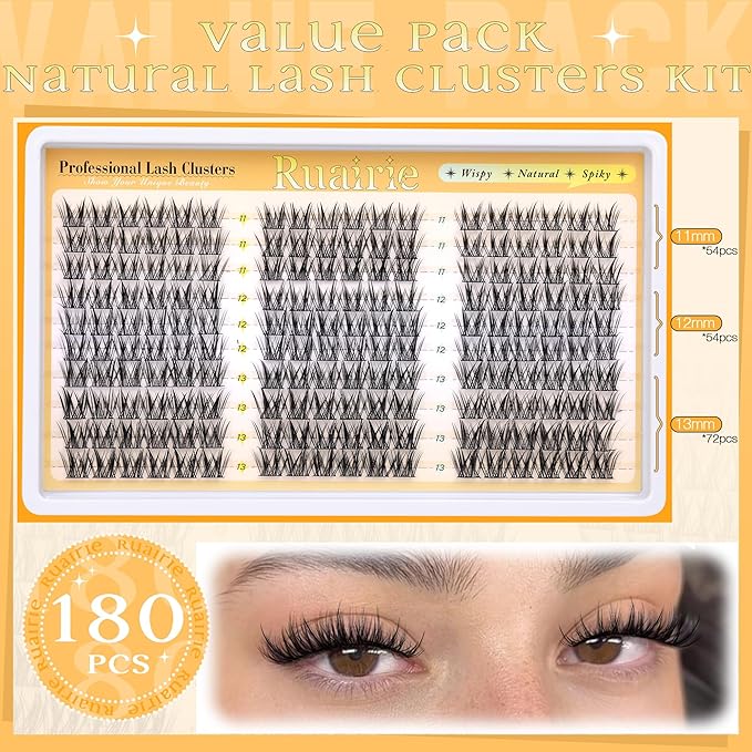 Manga Lash Clusters Kit Natural Eyelash Clusters Kit Wispy Lash Extensions 180pcs Spiky Cluster Eyelash Extensions C Curly 11-13mm Eyelash Extension Kit with Bond, Seal and Tweezers by Ruairie