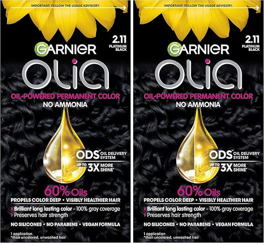 Garnier Hair Color Olia Ammonia-Free Brilliant Color Oil-Rich Permanent Hair Dye, 2.11 Platinum Black, 1 Count (Packaging May Vary) (Pack of 2)