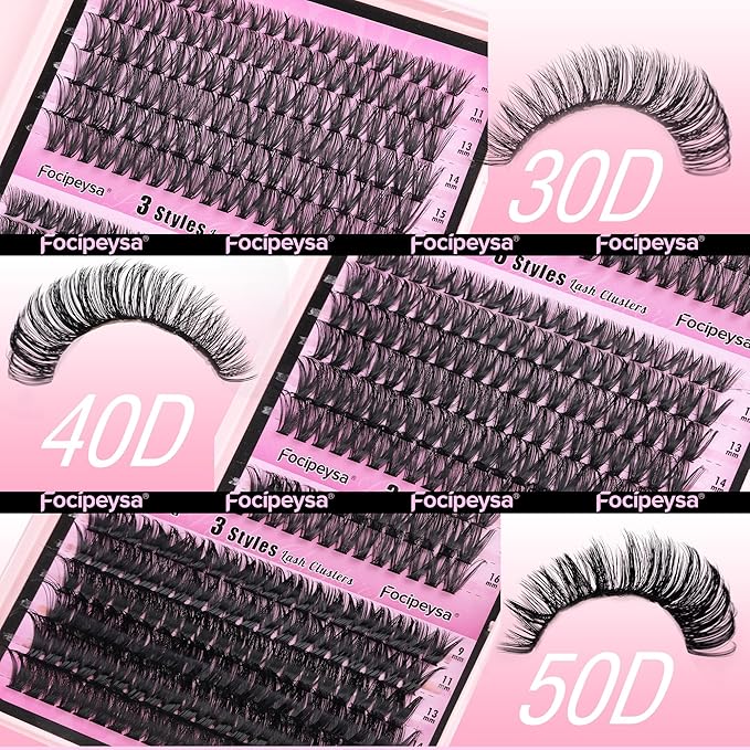 Focipeysa Fluffy 360pcs Lash Clusters 30P+40P+50P DIY Lash Extension Volume Thick Clusters Lashes D Curl Eyelash Extension 9-16mm Individual Lash for Self Application at Home