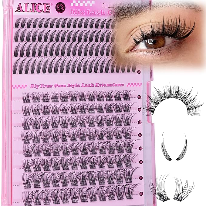 ALICE Lash Clusters Eyelash Clusters - 96pcs 10-16mm Wispy Eyelash Extensions with 84pcs 15-21mm Manga Spiky Individual Lashes - Mixed Lash Extensions for Natural Manga Look and Unique Style