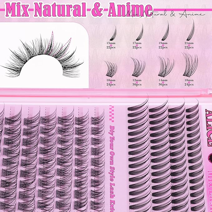 ALICE Lash Clusters Eyelash Clusters - 96pcs 10-16mm Wispy Eyelash Extensions with 84pcs 15-21mm Manga Spiky Individual Lashes - Mixed Lash Extensions for Natural Manga Look and Unique Style