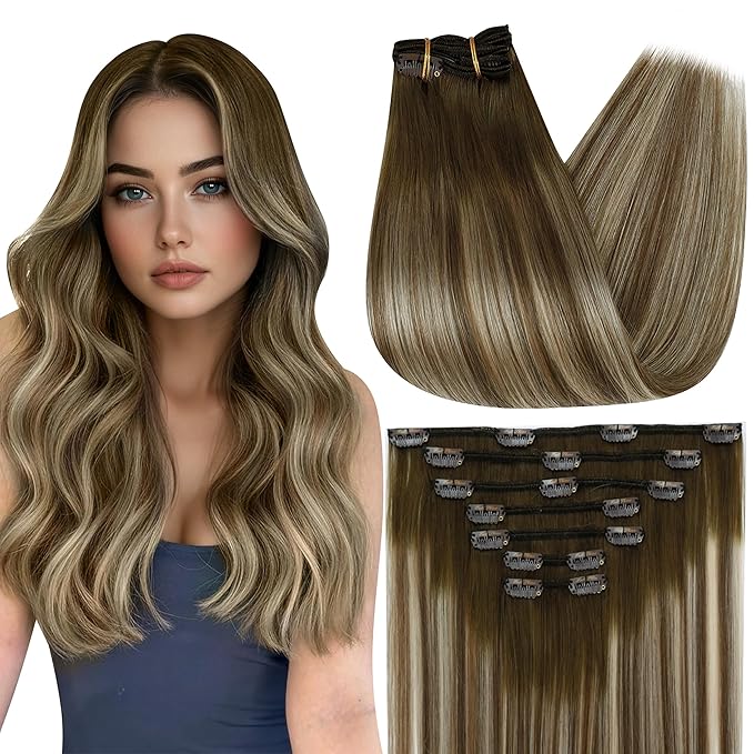 Full Shine Balayage Brown Clip in Hair Extensions Human Hair Brown to Light Brown Mix Light Blonde Remy Hair Extensions Straight Clip in Extensions for Women 20 Inch 7 Pcs 120 G