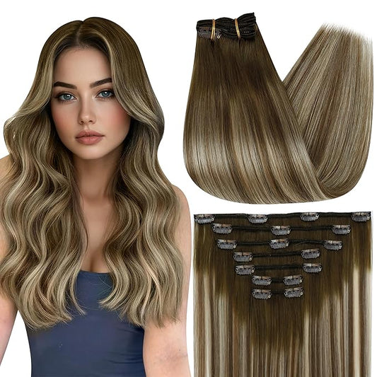 Full Shine Human Hair Clip in Extensions Brown Balayage Remy Hair Extensions Balayage Brown to Blonde Ombre Clip in Hair Extensions 16 Inch 7 Pcs 120 G