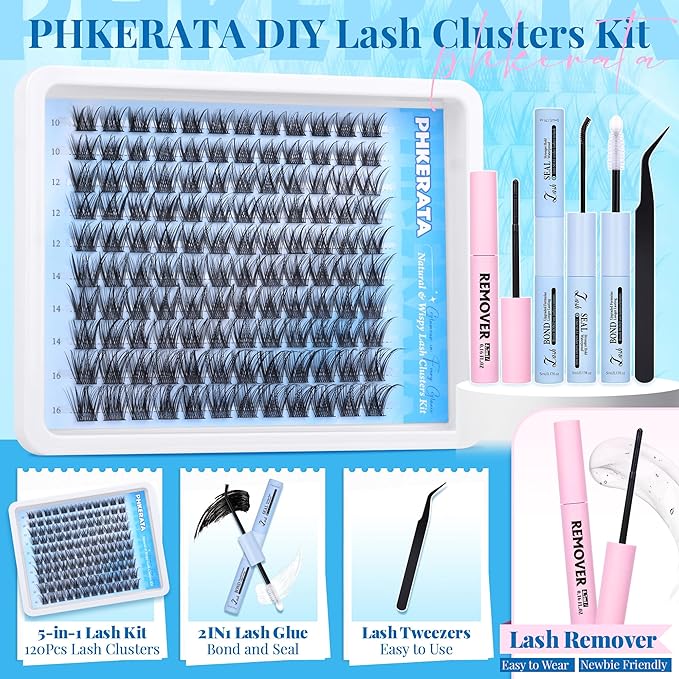Natural Lash Extension Kit Wispy Lash Clusters Kit Lashes Clusters C Curvature Cluster Eyelash Extension DIY Cluster Lashes with Lash Bond Seal Lash Glue Remover Tweezers Individual Lashes